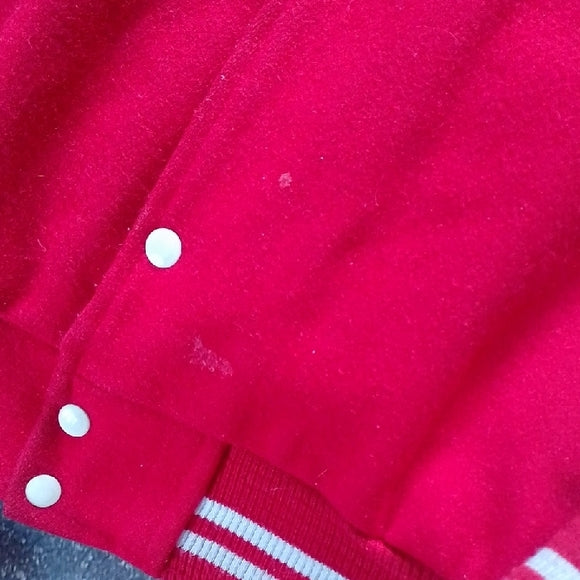 VINTAGE Red and White Stratford Auction Varsity Jacket WOOL/LEATHER
