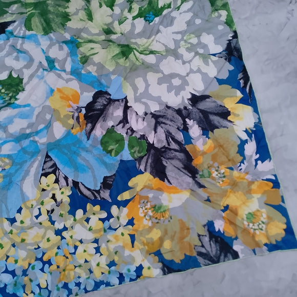 Vintage Floral Silk Scarf Blue Yellow White Vibrant 100% Silk
