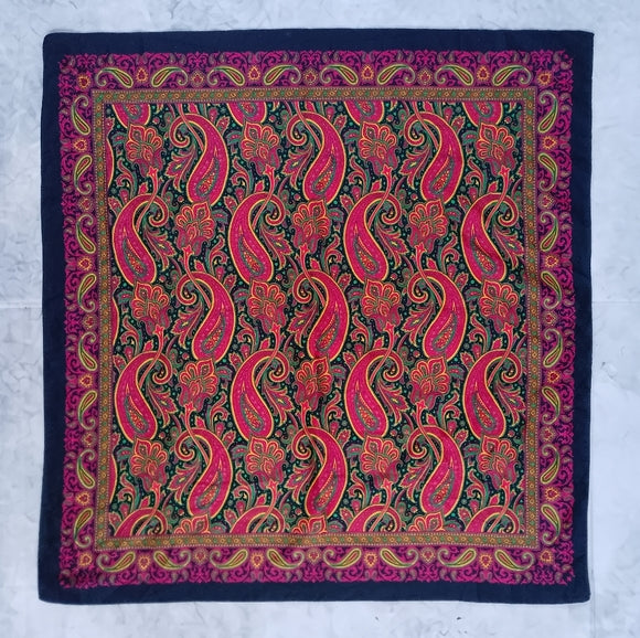 Vintage Paisley Silk Scarf Black Red Green Yellow 30” Square Neckerchief