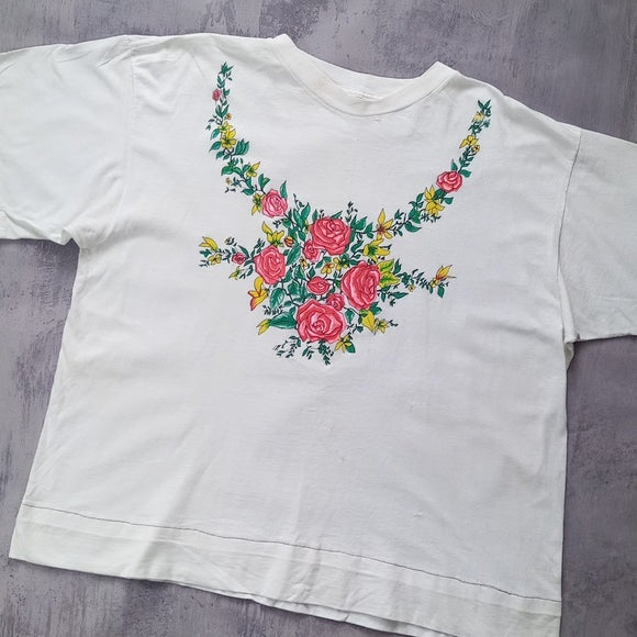 VINTAGE 90s Floral Necklace Roses T-Shirt Single Stitch