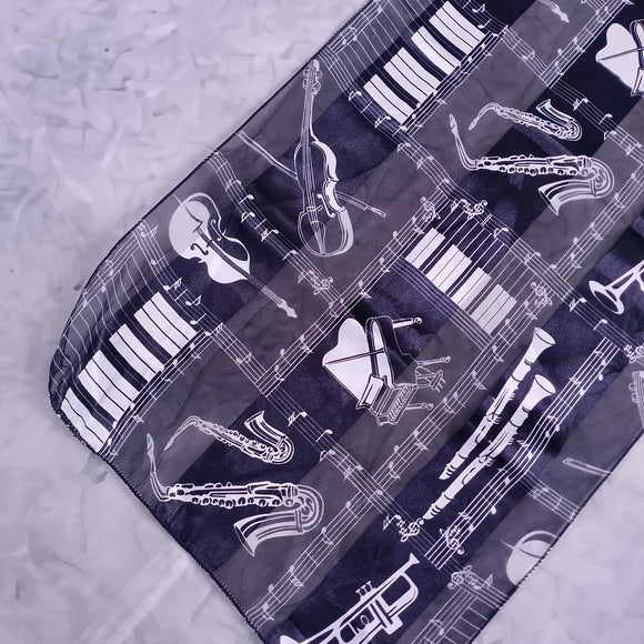 Vintage Music Theme Silk Scarf Shawl Black White Musical Instruments Notes 58x13
