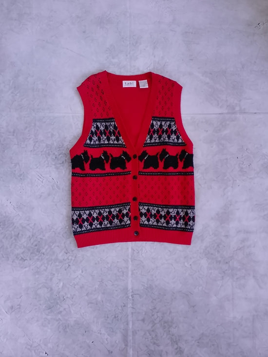 Vintage 90s Scottish Terrier Knit Dog Pattern Button-Up Sweater Vest