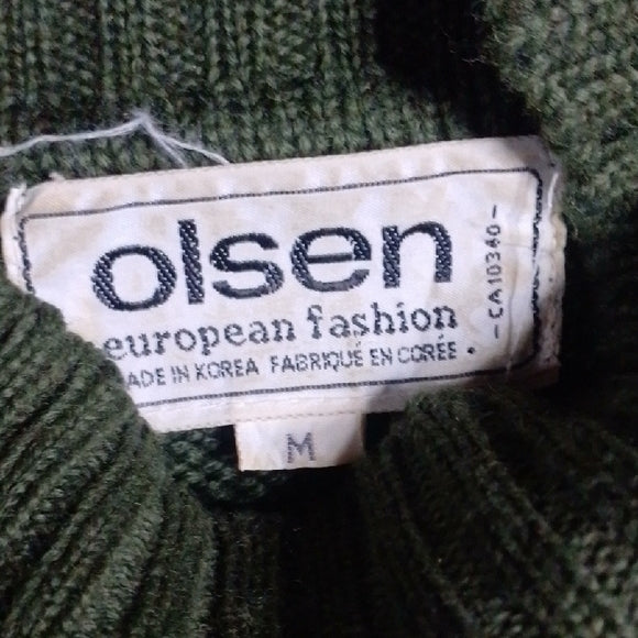 Vintage 90s WOOL OLSEN Green Sweater with Embroidered Bird Patch Design