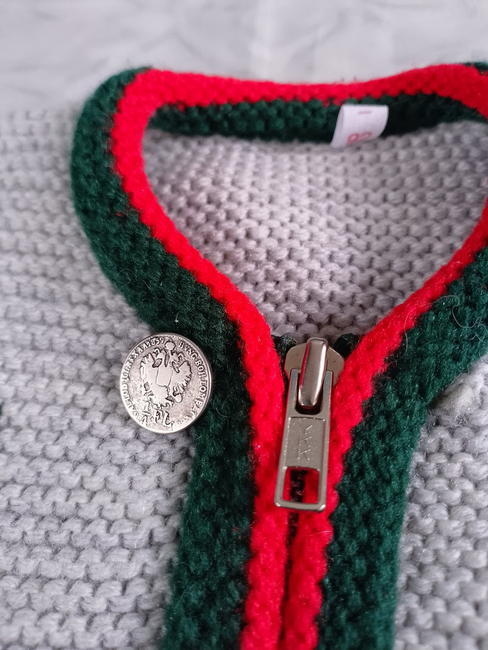 Vintage Green Reindeer & Red Trim Gray Knit Cardigan