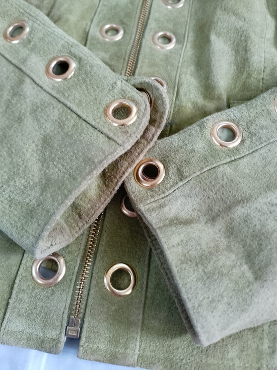 Aria Olive Green Suede Jacket with Gold Grommets