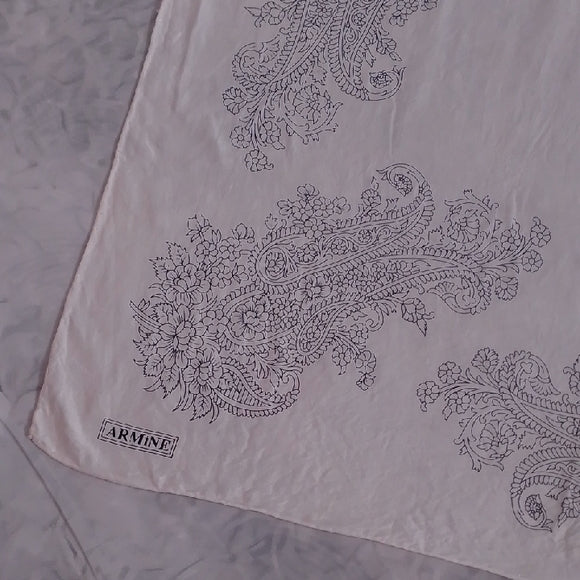 Vintage Armine Silk Scarf / Shawl – Black & White Paisley Floral Design – 32”