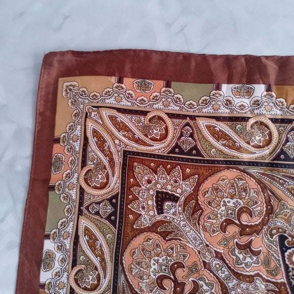 Vintage Paisley Square Scarf Brown Tan Paisley Print 25” Polyester Retro Scarf