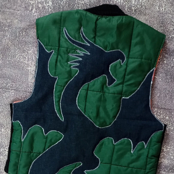 Vintage CUSTOM Green Quilted Vest with Dragon Embroidery