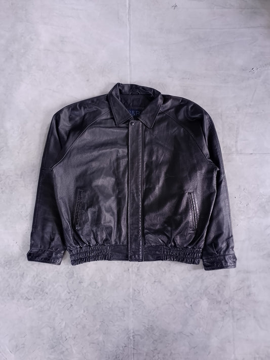 Vintage 90s Black Leather Bomber Jacket R&R UNISEX