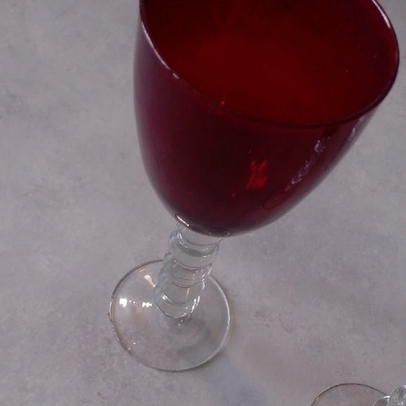 4 Vintage Art Deco Ruby Glass Wine Water Goblets Ruby Stemware Clear Knob Stem