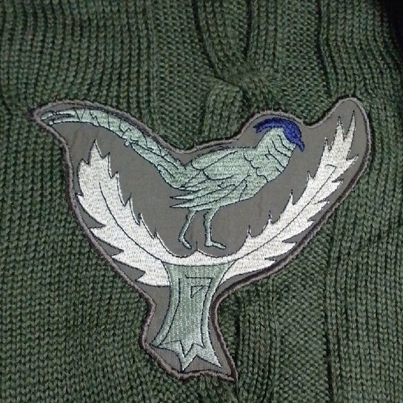 Vintage 90s WOOL OLSEN Green Sweater with Embroidered Bird Patch Design