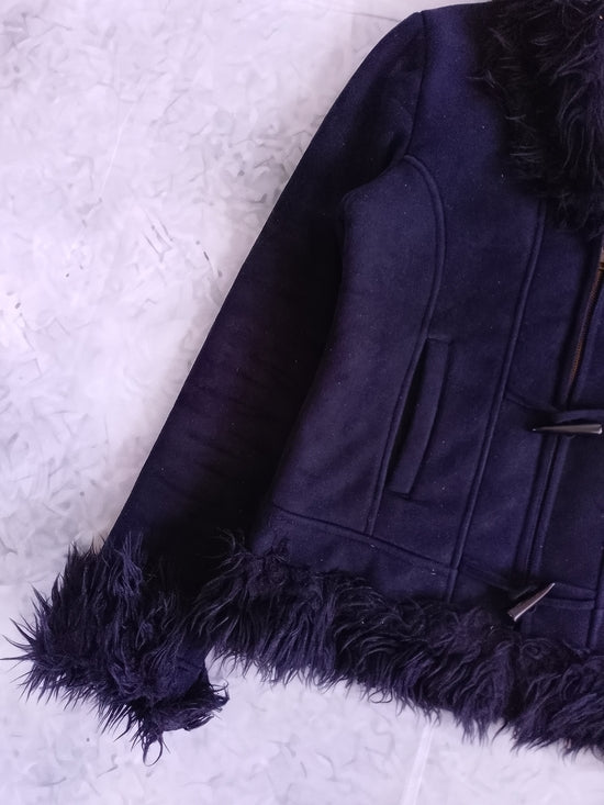 Y2K Style Women's Faux-Fur Trim Dark Black Jacket SUZY SHIER