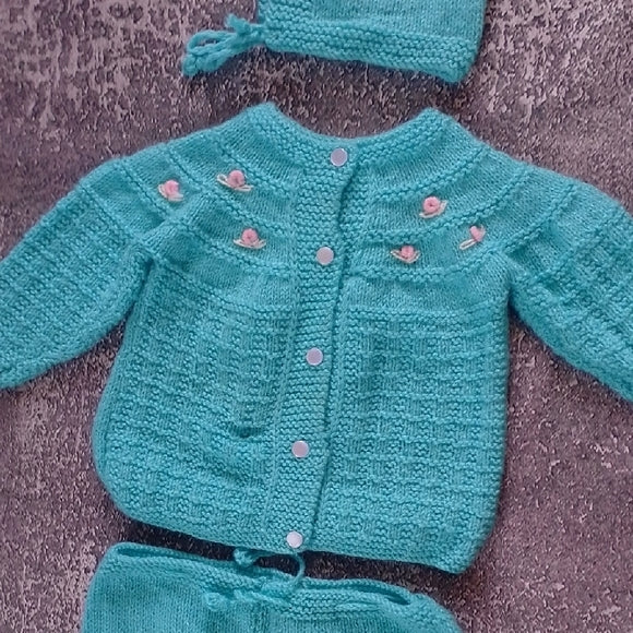Teal Baby Knit Set with Hat and Booties HANDMADE UNISEX