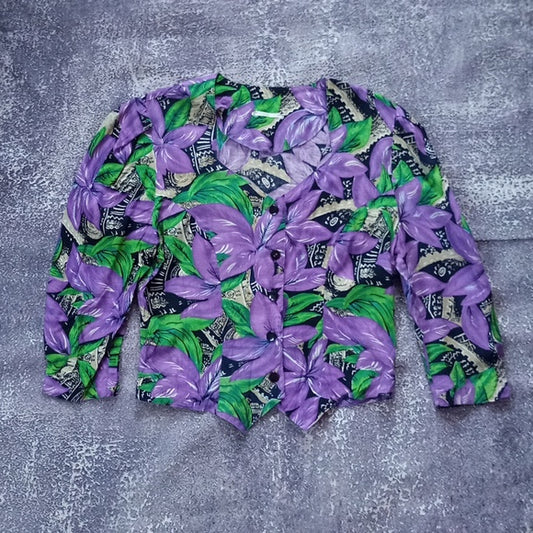 Vintage 90s Purple Floral Plant Print Blouse Button Shirt