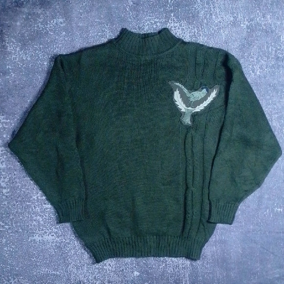 Vintage 90s WOOL OLSEN Green Sweater with Embroidered Bird Patch Design