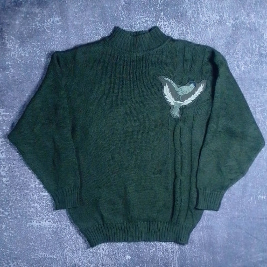 Vintage 90s WOOL OLSEN Green Sweater with Embroidered Bird Patch Design