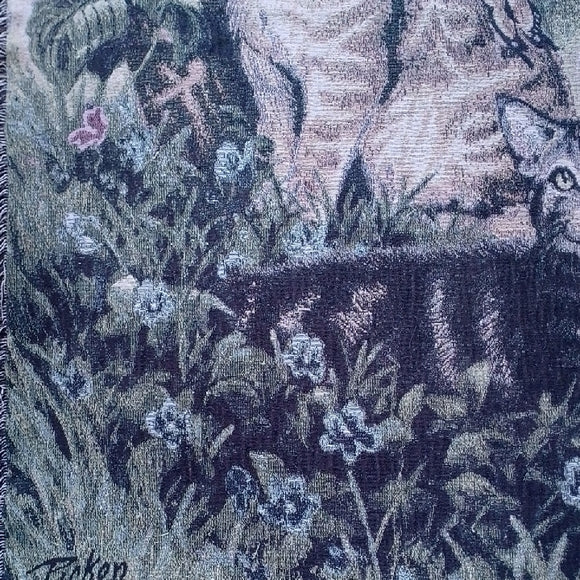 VINTAGE 1996 Floral Cat Tapestry with Tan and Gray Cats PICKEN