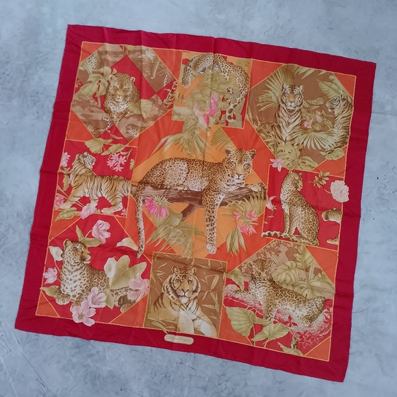 Vintage Salvatore Ferragamo Tiger & Leopard Print Silk Scarf Red Orange Yellow