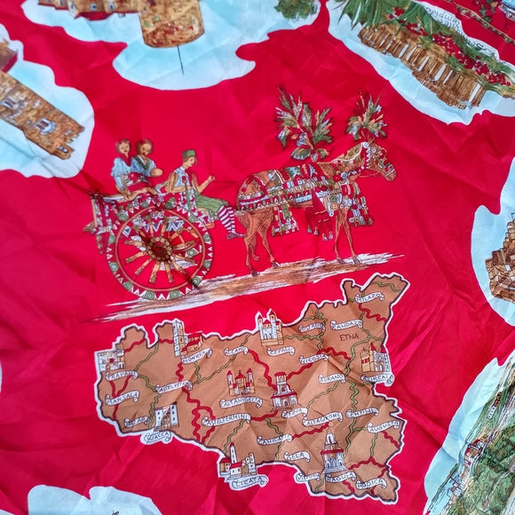 Vintage Italy Landmarks Silk Scarf Red Italian Cities Souvenir Scarf Palermo
