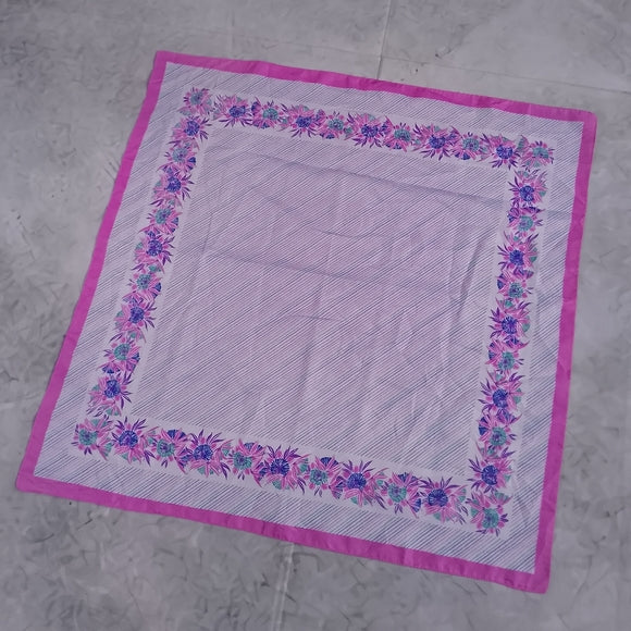 Vintage Floral Silk Scarf Purple White Square Scarf 26” Retro Neck Head Scarf