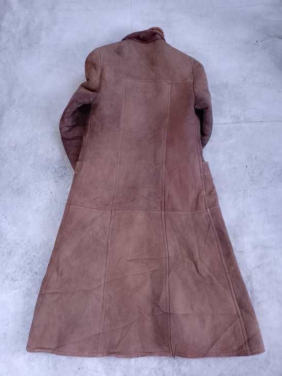 Vintage Womens Brown Shearling Teddy-Lined Leather Long Coat