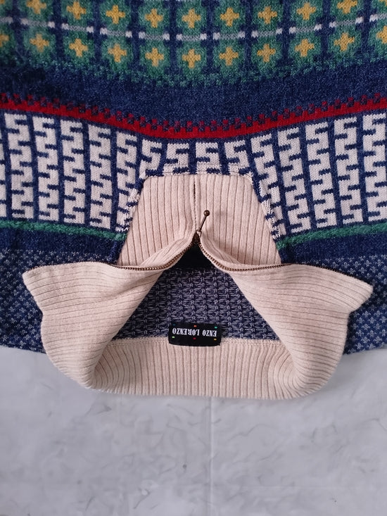Vintage 90s Enzo Lorenzo WOOL Multicoloured Patterned Knit Sweater with Shawl Co