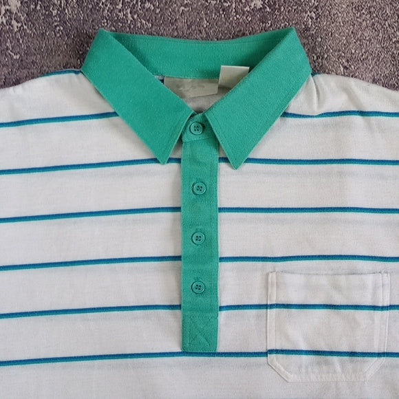 Vintage 90s White Polo Shirt with Teal Stripes and Short Sleeves