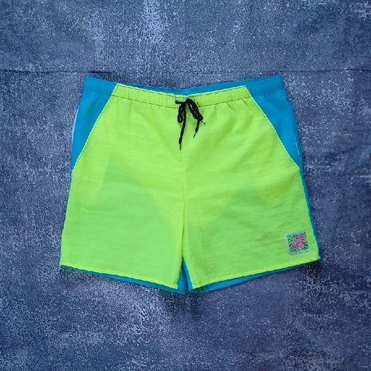 Vintage 90s Men's Neon Green and Blue Swim Shorts