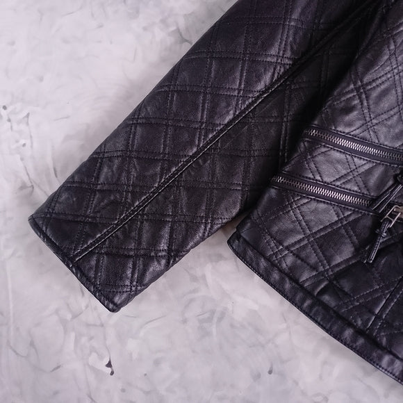 Quilted Faux Leather Jacket - Black - CLEO