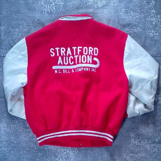 VINTAGE Red and White Stratford Auction Varsity Jacket WOOL/LEATHER