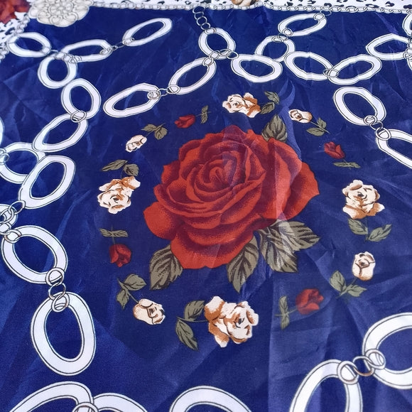 Vintage Shimmery Polyester Linen Scarf Burgundy Gold Blue Chain Print 35in
