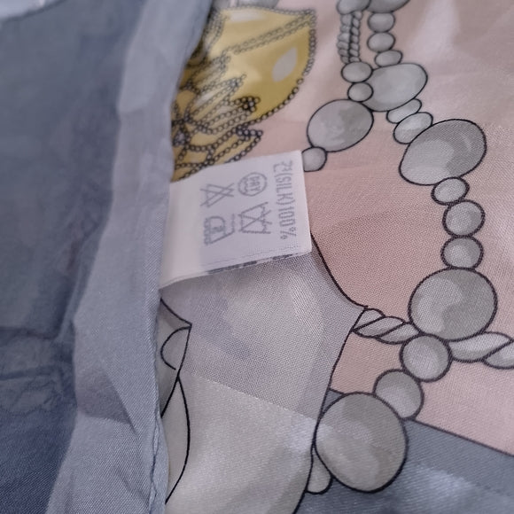 Vintage Nouveautes Jewelry Chain Print Scarf Gray Peach Gold Square Scarf 34”