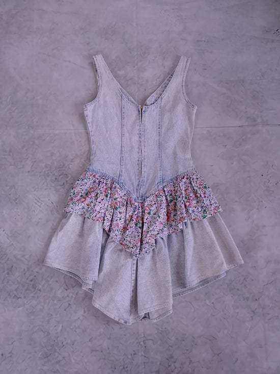 Vintage 80s 90s Acid Wash  Floral Ruffle Mini Short Dress