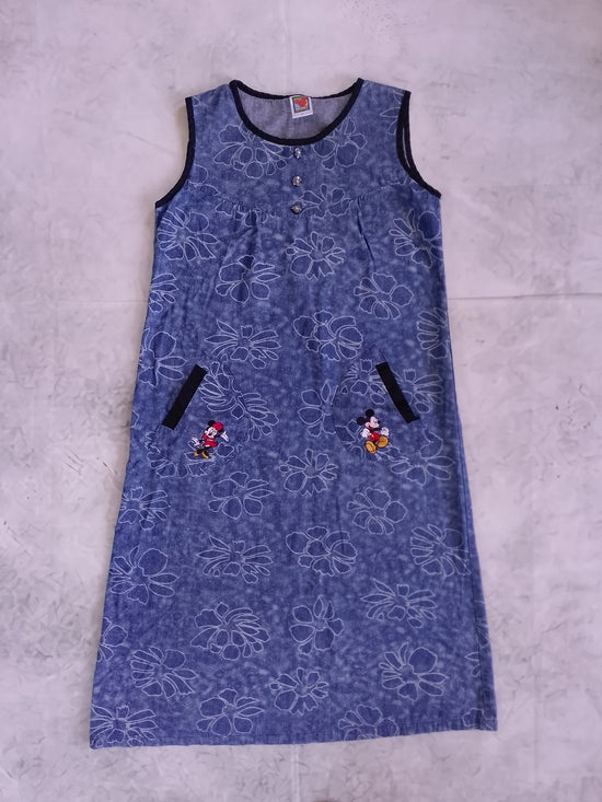 Vintage Disney Mickey Unlimited Denim Floral Pattern Dress with Embroidered Mick