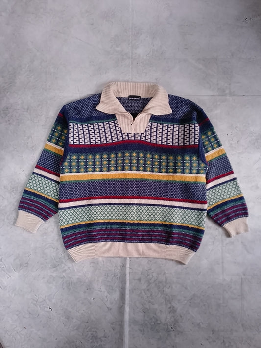 Vintage 90s Enzo Lorenzo WOOL Multicoloured Patterned Knit Sweater with Shawl Co