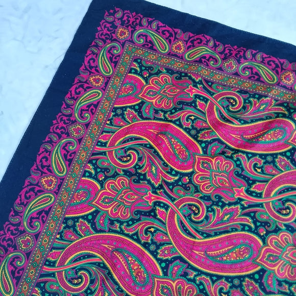 Vintage Paisley Silk Scarf Black Red Green Yellow 30” Square Neckerchief