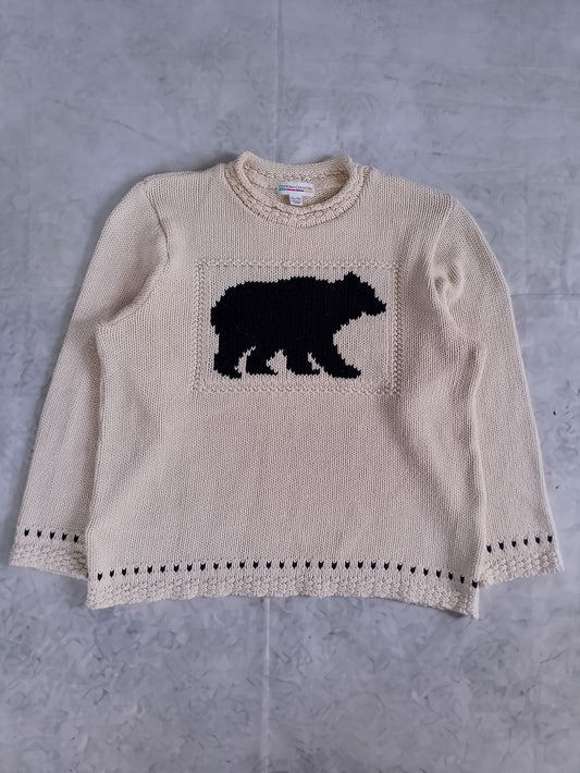 Vintage 90s Black Bear Motif Cream Knit Sweater