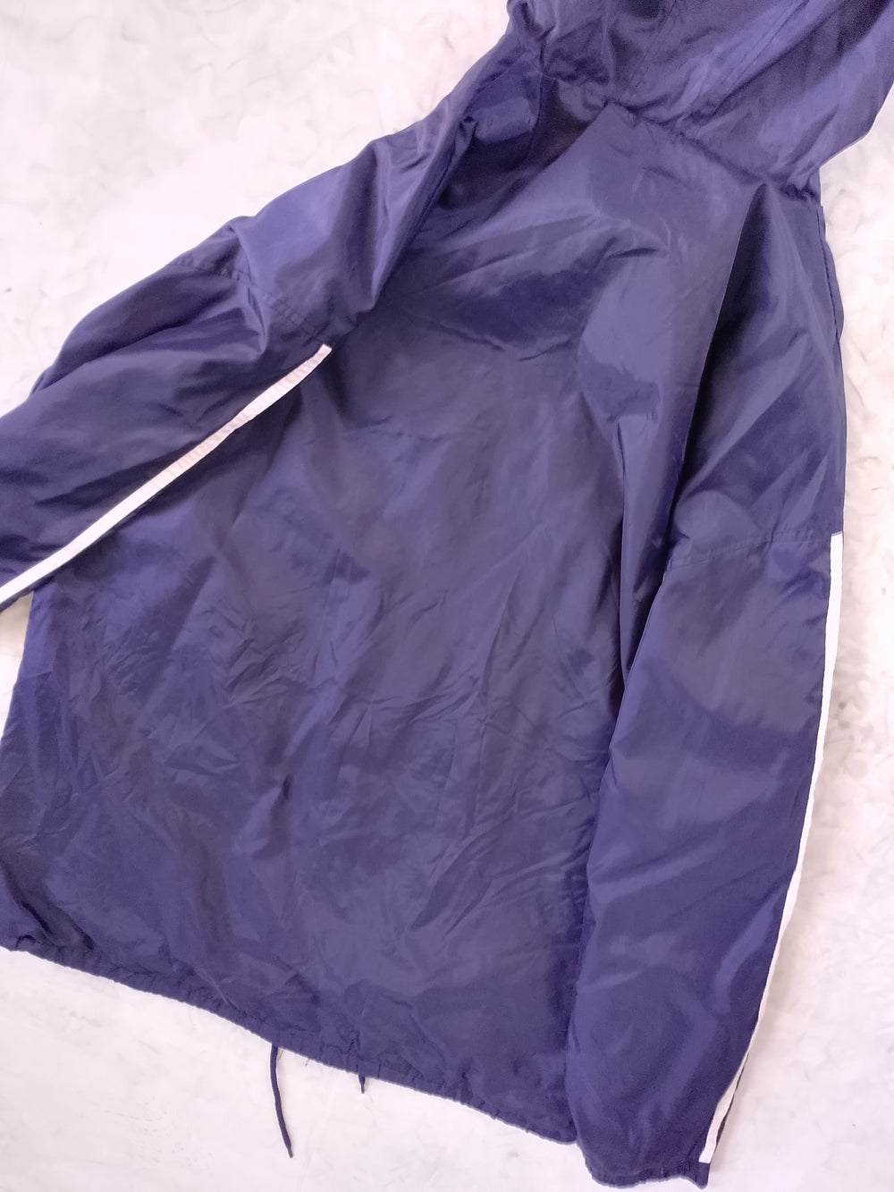 Vintage 90s adidas Navy Hooded Windbreaker with the Classic White Stripe Accents