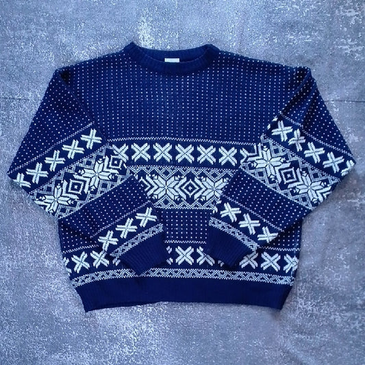 VINTAGE 90s NORTIC  STYLE Navy Blue Patterned Sweater