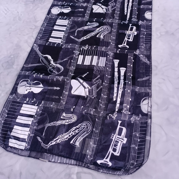 Vintage Music Theme Silk Scarf Shawl Black White Musical Instruments Notes 58x13