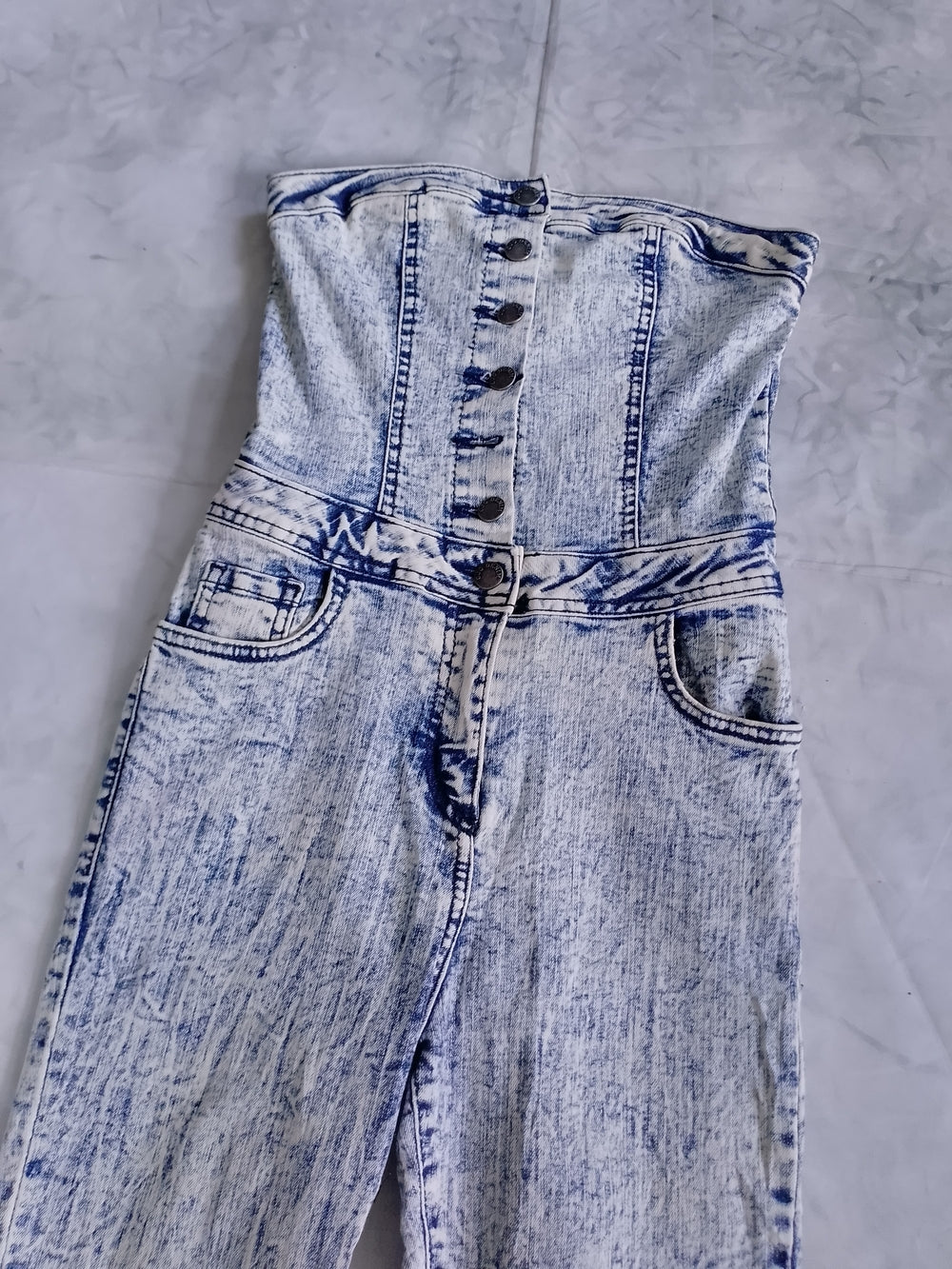 High-Waist Acid Wash Strapless Jeans Jumpsuit Light Blue GJG DENIM USA MADE