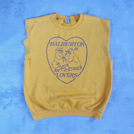 Haliburton Is For Lover's Racoons Crewneck Cut-Off Sleeve Shirt Sweater YELLOW