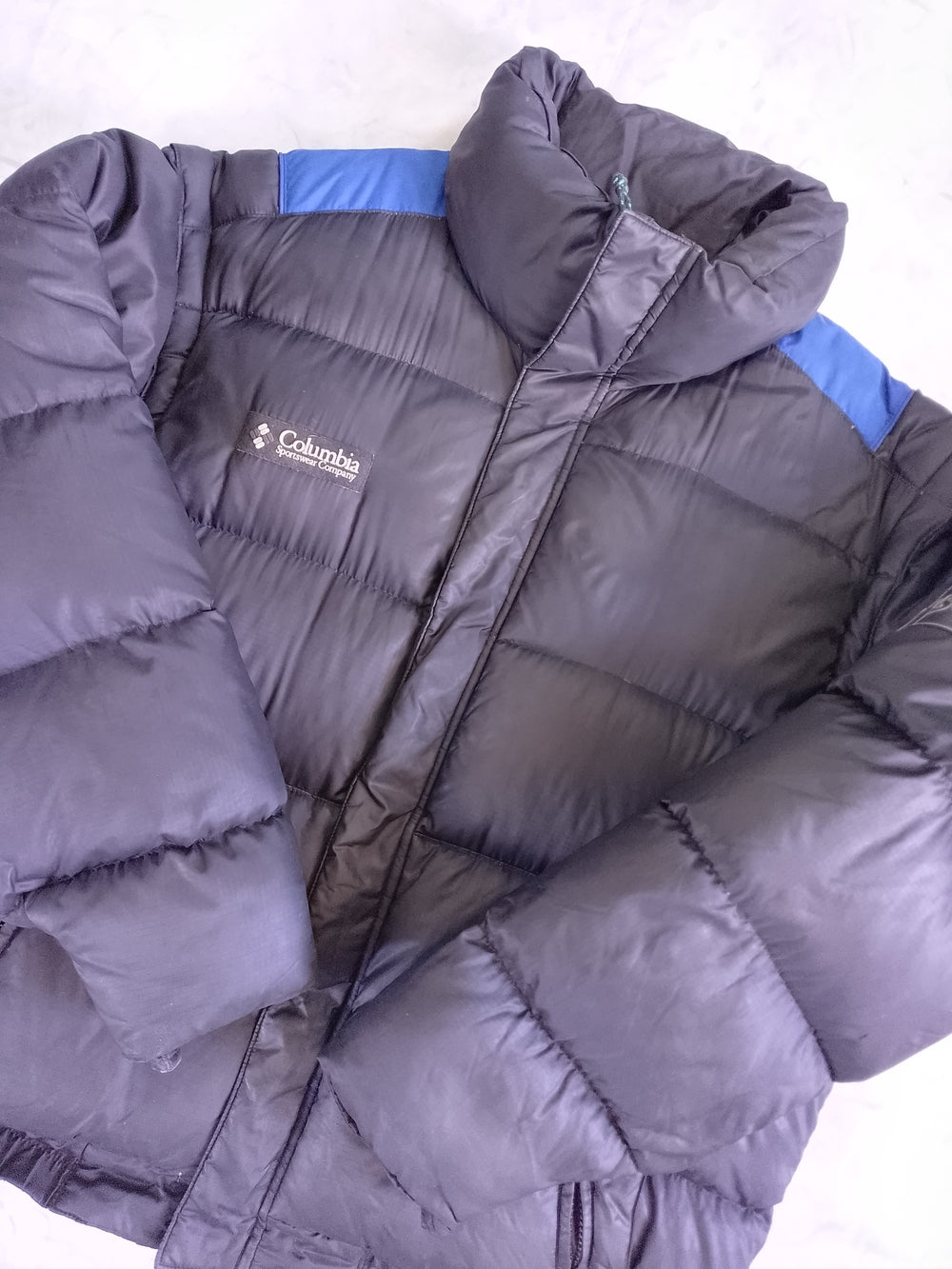 Vintage Columbia Down Black Puffer Jacket with Blue Shoulder Accents