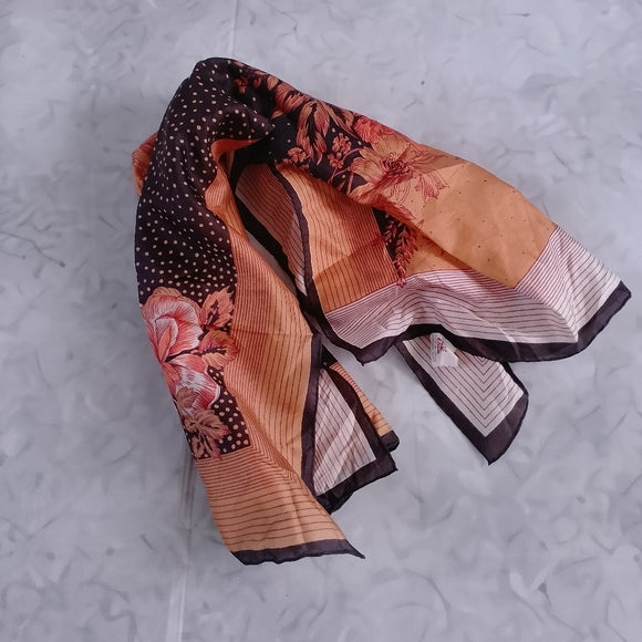 Vintage Floral Silk Scarf Hand Rolled Brown Yellow Orange Black 28in Made in China