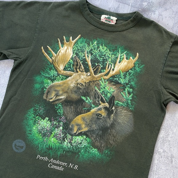 Vintage 90s Moose Big Print All Over Perth N.B. Canada T-Shirt