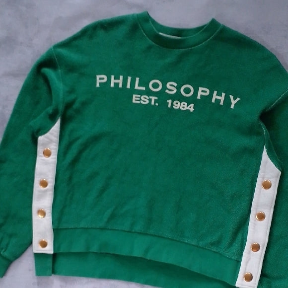 Philosophy EST 1984 Green and White Crewneck Sweater TEAR AWAY G.E.M.
