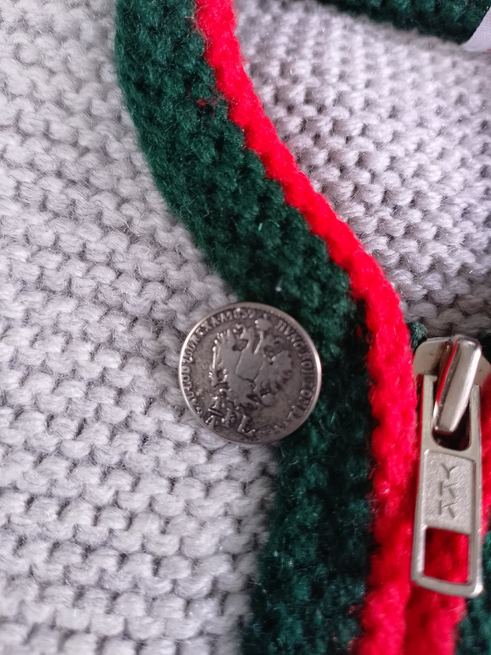 Vintage Green Reindeer & Red Trim Gray Knit Cardigan