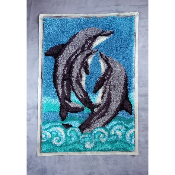 Vintage 90s Dolphin Family Jumping Out The Ocean Latch Hook Rug