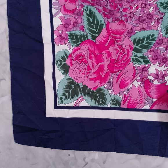Vintage 70s Abstract Floral Border Stripe Scarf Pink Navy 27” Satin Polyester