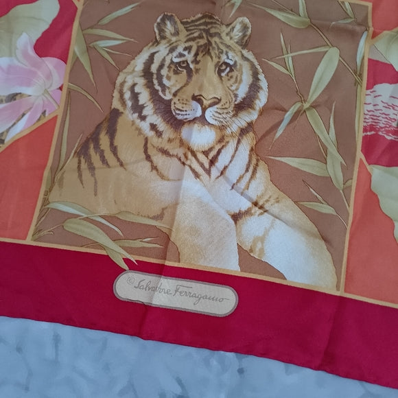 Vintage Salvatore Ferragamo Tiger & Leopard Print Silk Scarf Red Orange Yellow
